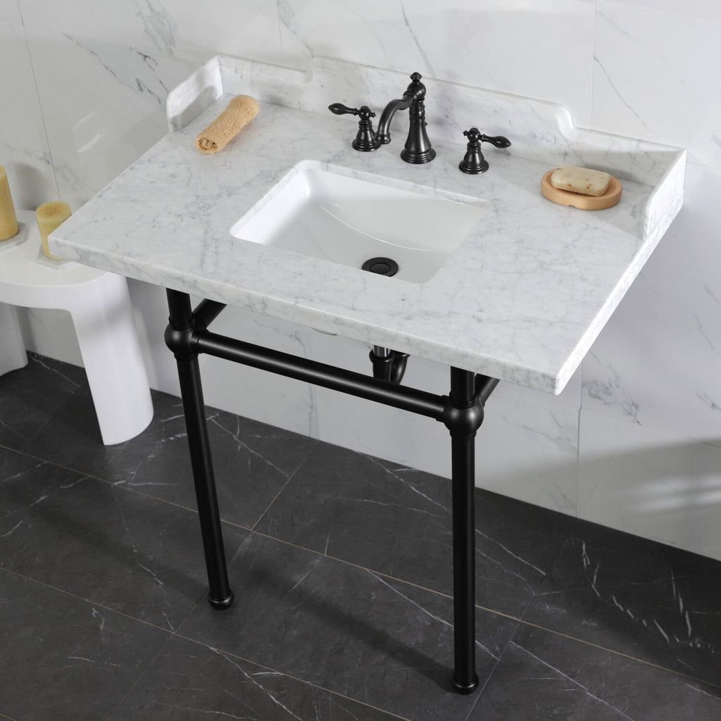 Pemberton 36-Inch Carrara Marble Console Sink with Brass Legs (8-Inch, 3-Hole)