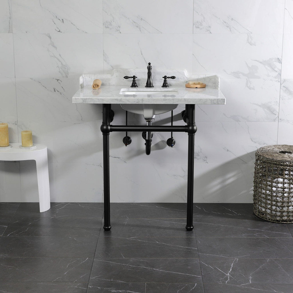 Pemberton 36-Inch Carrara Marble Console Sink with Brass Legs (8-Inch, 3-Hole)