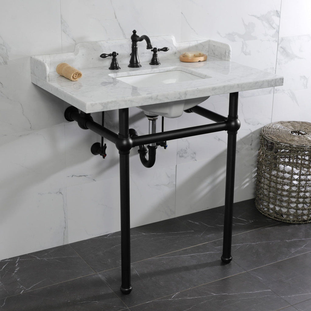 Pemberton 36-Inch Carrara Marble Console Sink with Brass Legs (8-Inch, 3-Hole)