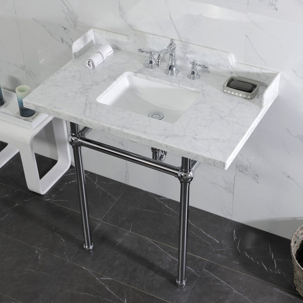 Pemberton 36-Inch Carrara Marble Console Sink with Brass Legs (8-Inch, 3-Hole)