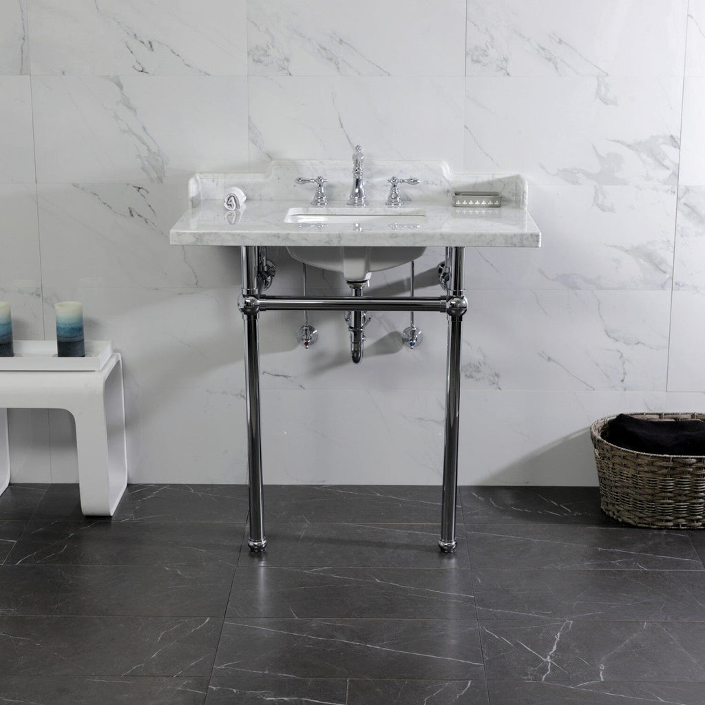 Pemberton 36-Inch Carrara Marble Console Sink with Brass Legs (8-Inch, 3-Hole)
