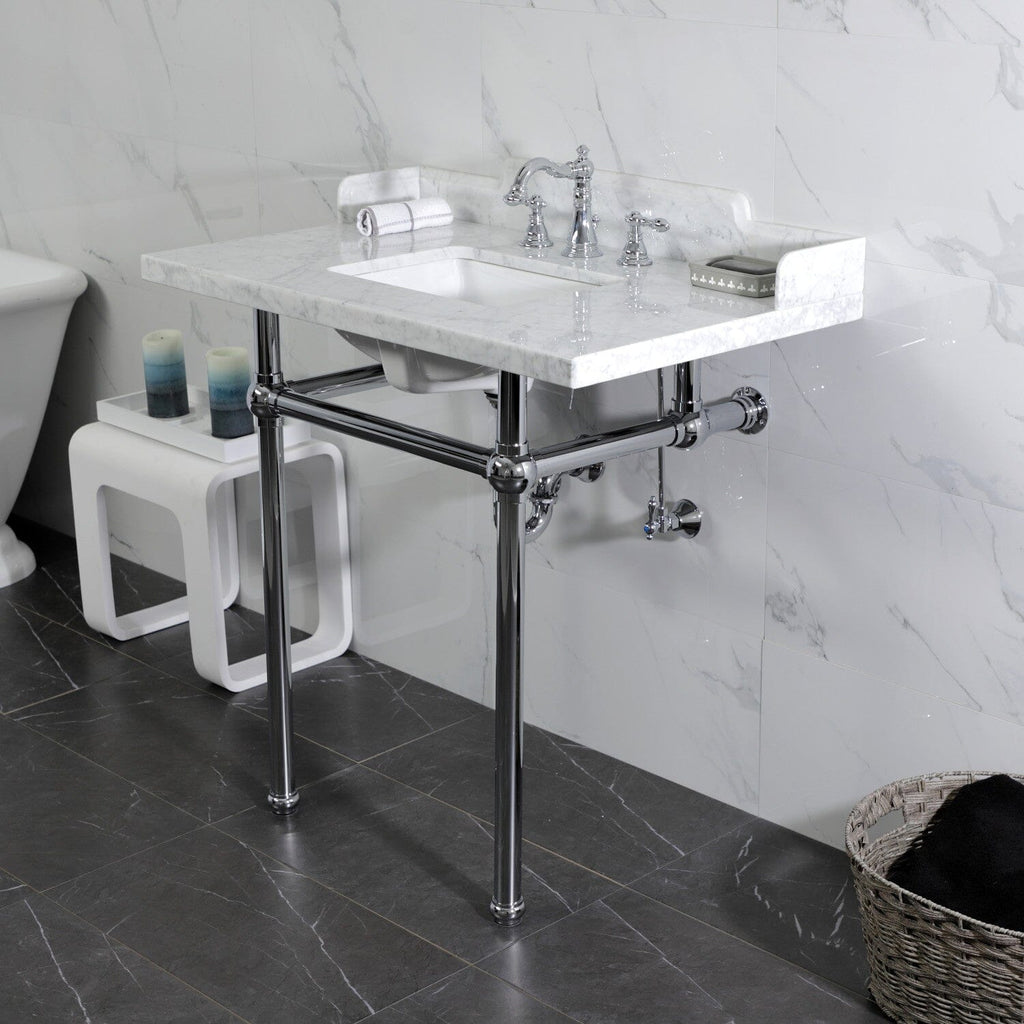 Pemberton 36-Inch Carrara Marble Console Sink with Brass Legs (8-Inch, 3-Hole)