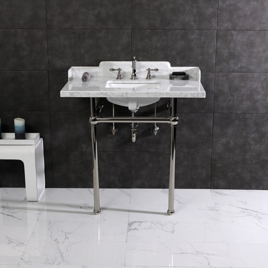 Pemberton 36-Inch Carrara Marble Console Sink with Brass Legs (8-Inch, 3-Hole)