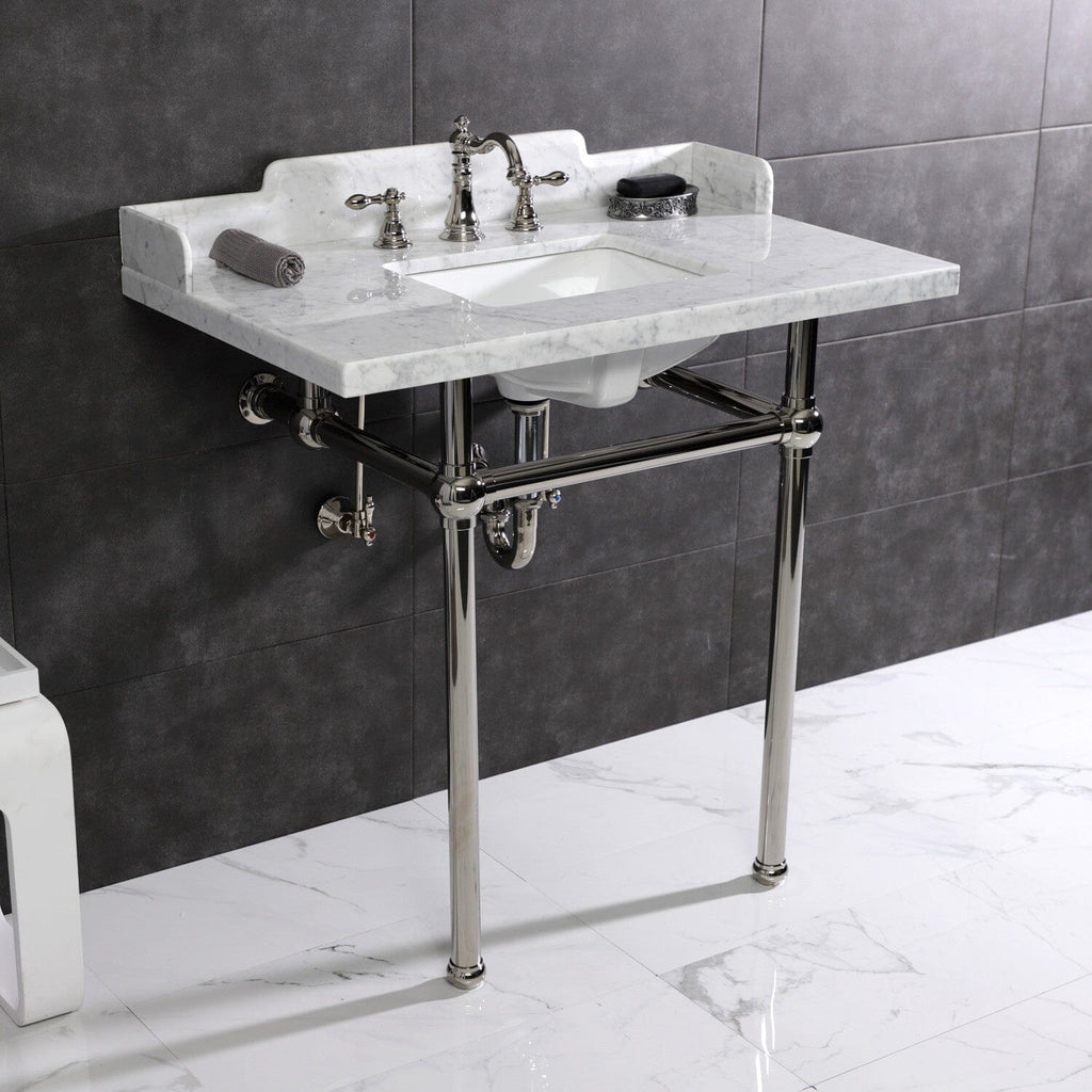 Pemberton 36-Inch Carrara Marble Console Sink with Brass Legs (8-Inch, 3-Hole)