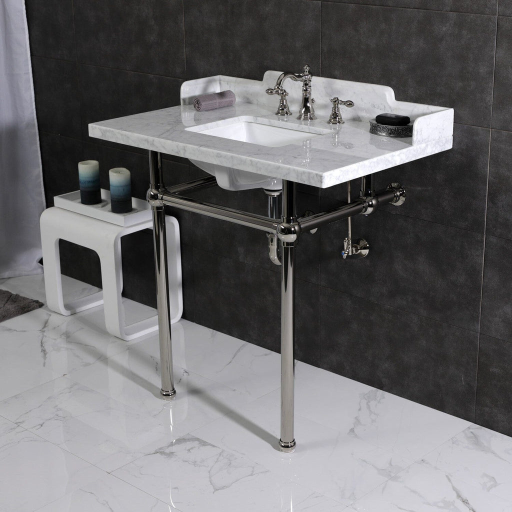 Pemberton 36-Inch Carrara Marble Console Sink with Brass Legs (8-Inch, 3-Hole)