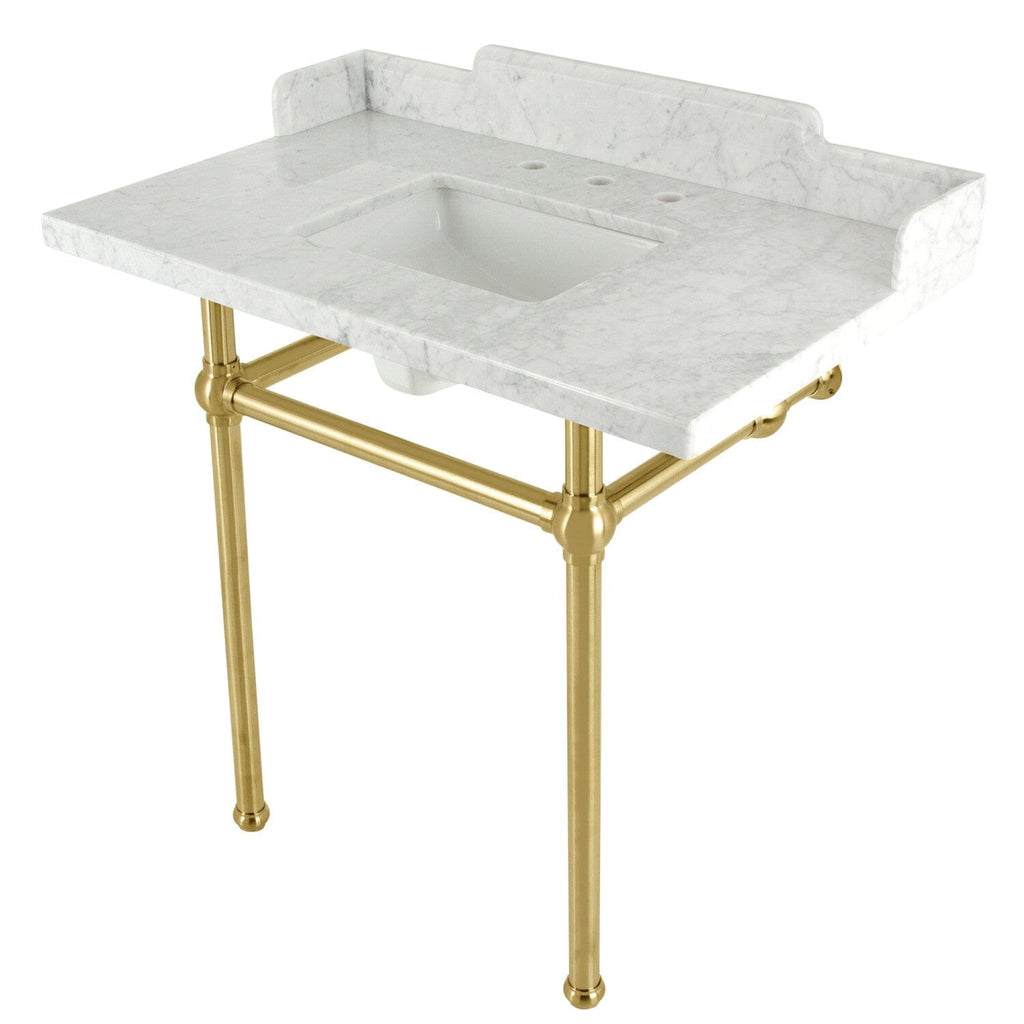 Pemberton 36-Inch Carrara Marble Console Sink with Brass Legs (8-Inch, 3-Hole)