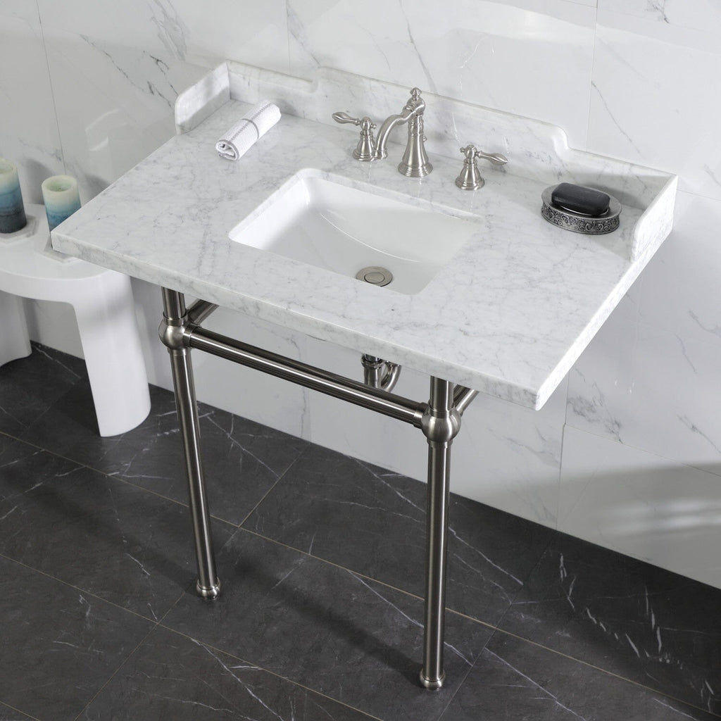 Pemberton 36-Inch Carrara Marble Console Sink with Brass Legs (8-Inch, 3-Hole)