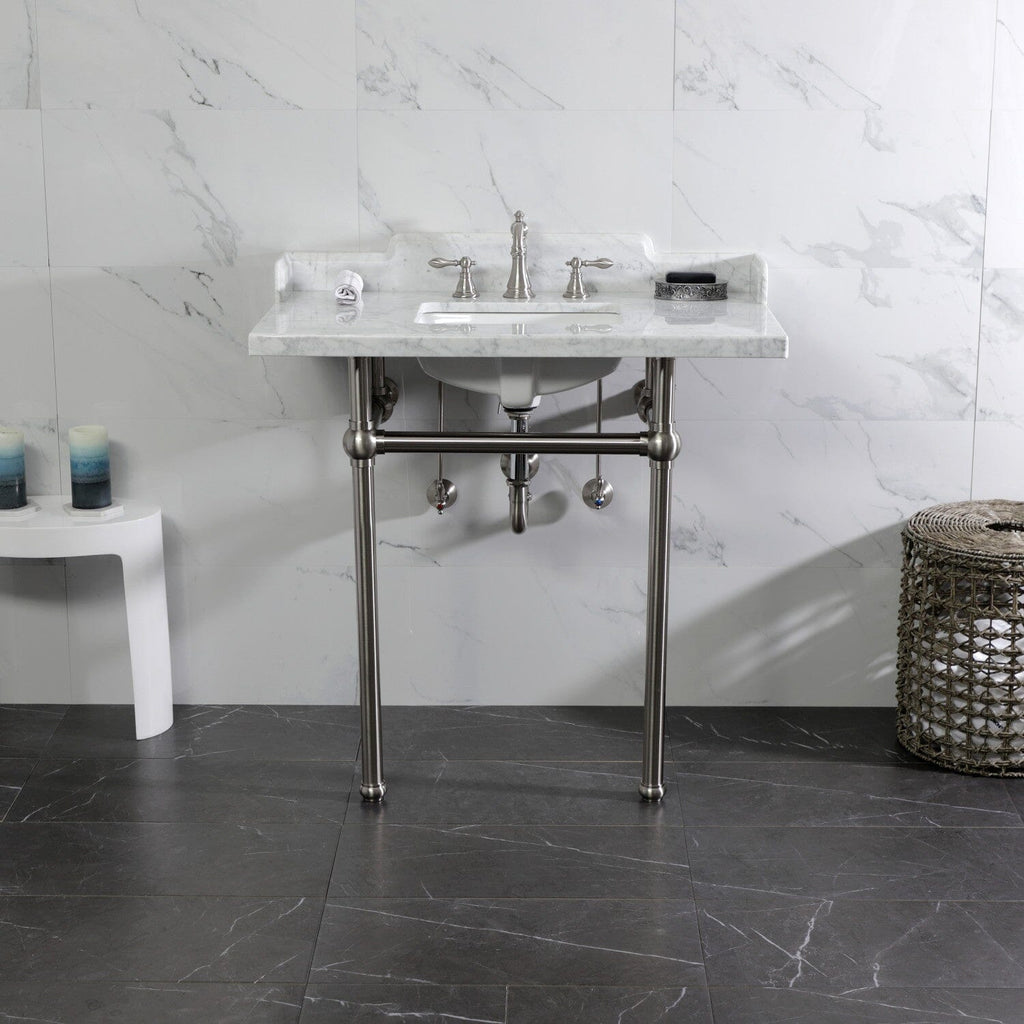 Pemberton 36-Inch Carrara Marble Console Sink with Brass Legs (8-Inch, 3-Hole)