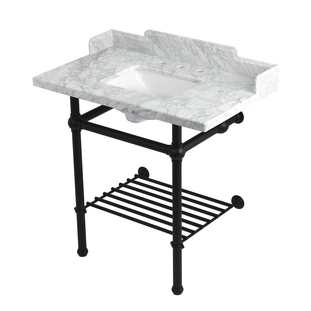 Pemberton 36-Inch Carrara Marble Console Sink with Brass Legs and Shelf (8-Inch, 3-Hole)
