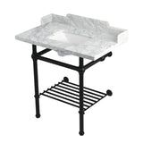 Pemberton 36-Inch Carrara Marble Console Sink with Brass Legs and Shelf (8-Inch, 3-Hole)
