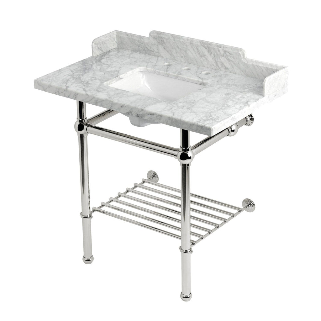 Pemberton 36-Inch Carrara Marble Console Sink with Brass Legs and Shelf (8-Inch, 3-Hole)