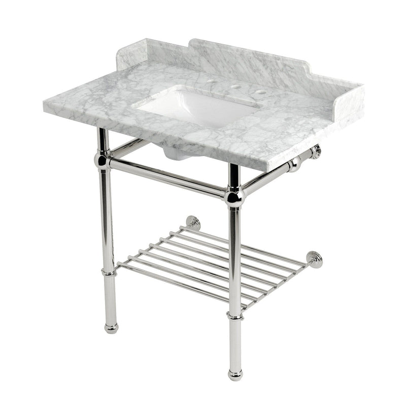 Pemberton 36-Inch Carrara Marble Console Sink with Brass Legs and Shelf (8-Inch, 3-Hole)