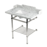 Pemberton 36-Inch Carrara Marble Console Sink with Brass Legs and Shelf (8-Inch, 3-Hole)