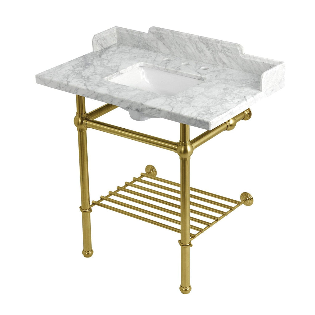 Pemberton 36-Inch Carrara Marble Console Sink with Brass Legs and Shelf (8-Inch, 3-Hole)