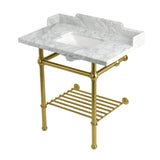 Pemberton 36-Inch Carrara Marble Console Sink with Brass Legs and Shelf (8-Inch, 3-Hole)