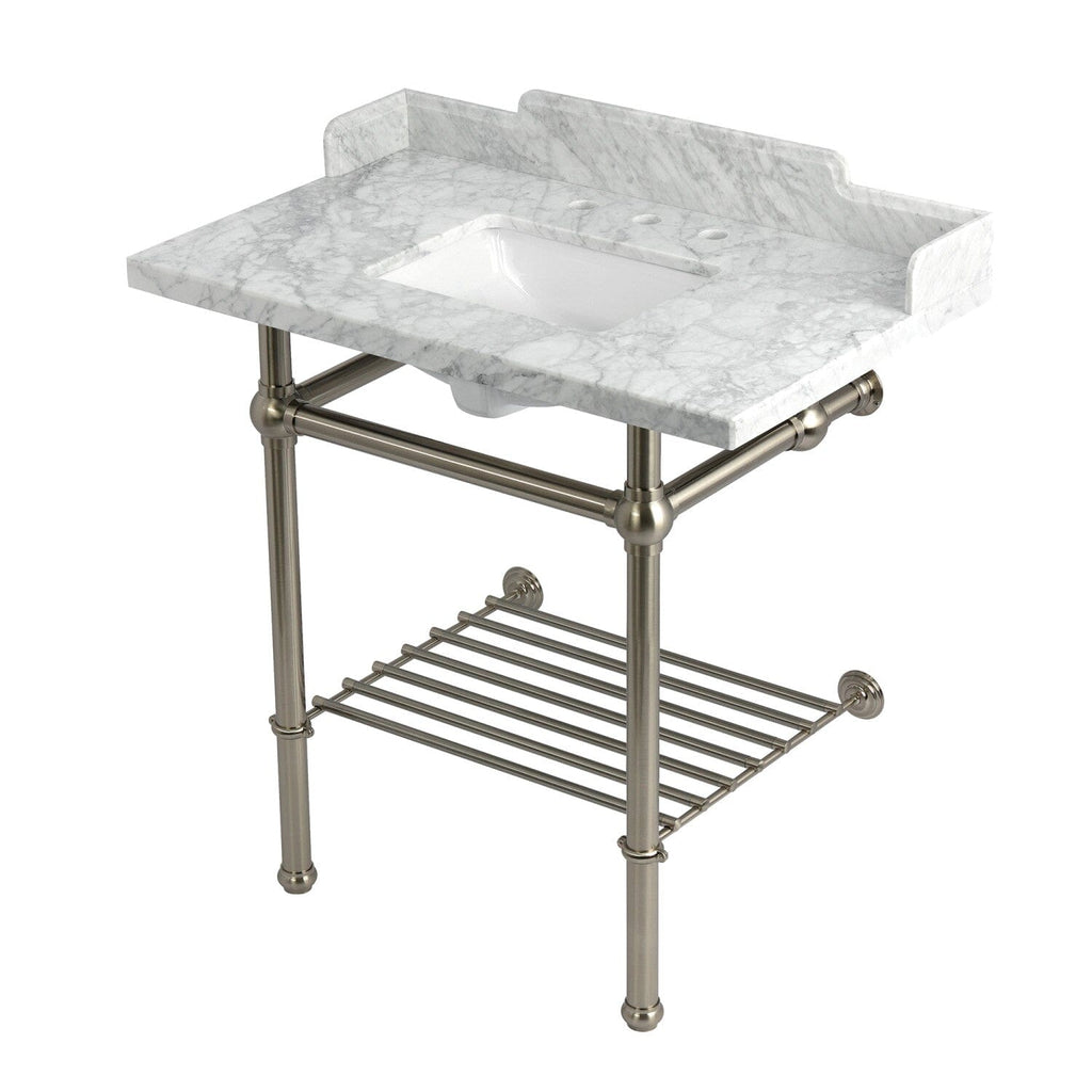Pemberton 36-Inch Carrara Marble Console Sink with Brass Legs and Shelf (8-Inch, 3-Hole)