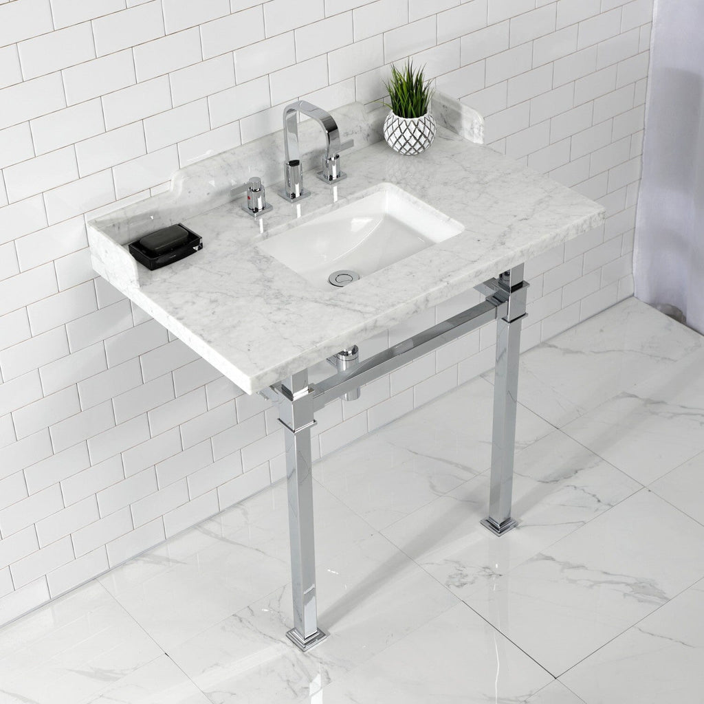 Viceroy 36-Inch Carrara Marble Console Sink with Stainless Steel Legs (8-Inch, 3-Hole)