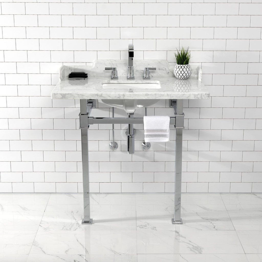 Viceroy 36-Inch Carrara Marble Console Sink with Stainless Steel Legs (8-Inch, 3-Hole)