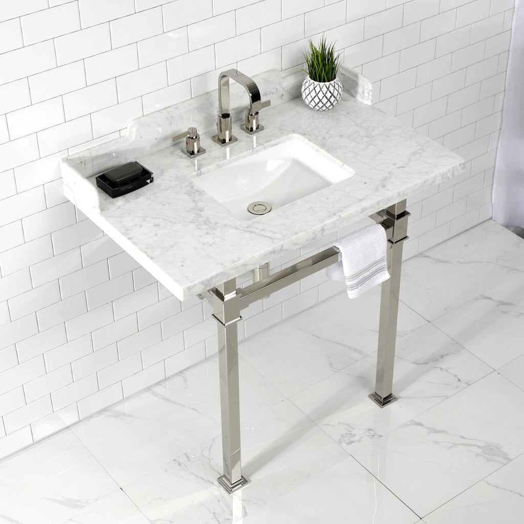Viceroy 36-Inch Carrara Marble Console Sink with Stainless Steel Legs (8-Inch, 3-Hole)