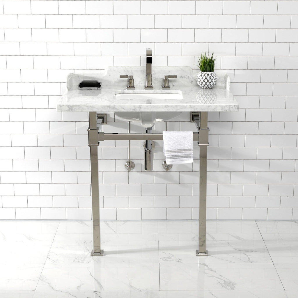 Viceroy 36-Inch Carrara Marble Console Sink with Stainless Steel Legs (8-Inch, 3-Hole)
