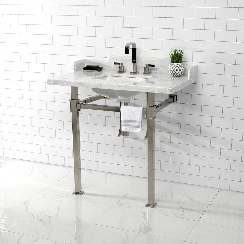 Viceroy 36-Inch Carrara Marble Console Sink with Stainless Steel Legs (8-Inch, 3-Hole)