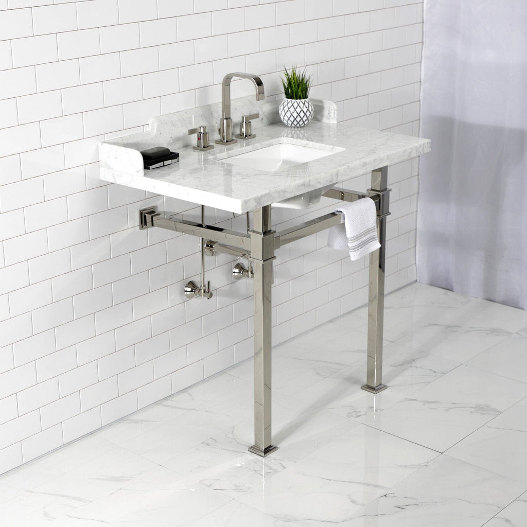 Viceroy 36-Inch Carrara Marble Console Sink with Stainless Steel Legs (8-Inch, 3-Hole)