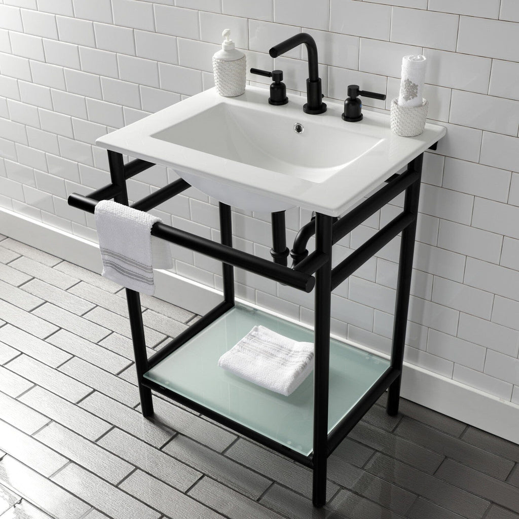 Sheridan 24-Inch Ceramic Console Sink with Stainless Steel Legs and Glass Shelf (8-Inch, 3-Hole)