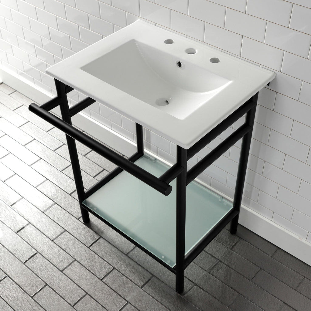 Sheridan 24-Inch Ceramic Console Sink with Stainless Steel Legs and Glass Shelf (8-Inch, 3-Hole)