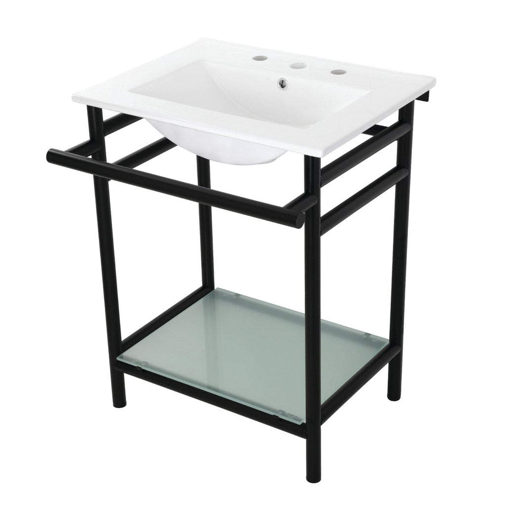 Sheridan 24-Inch Ceramic Console Sink with Stainless Steel Legs and Glass Shelf (8-Inch, 3-Hole)