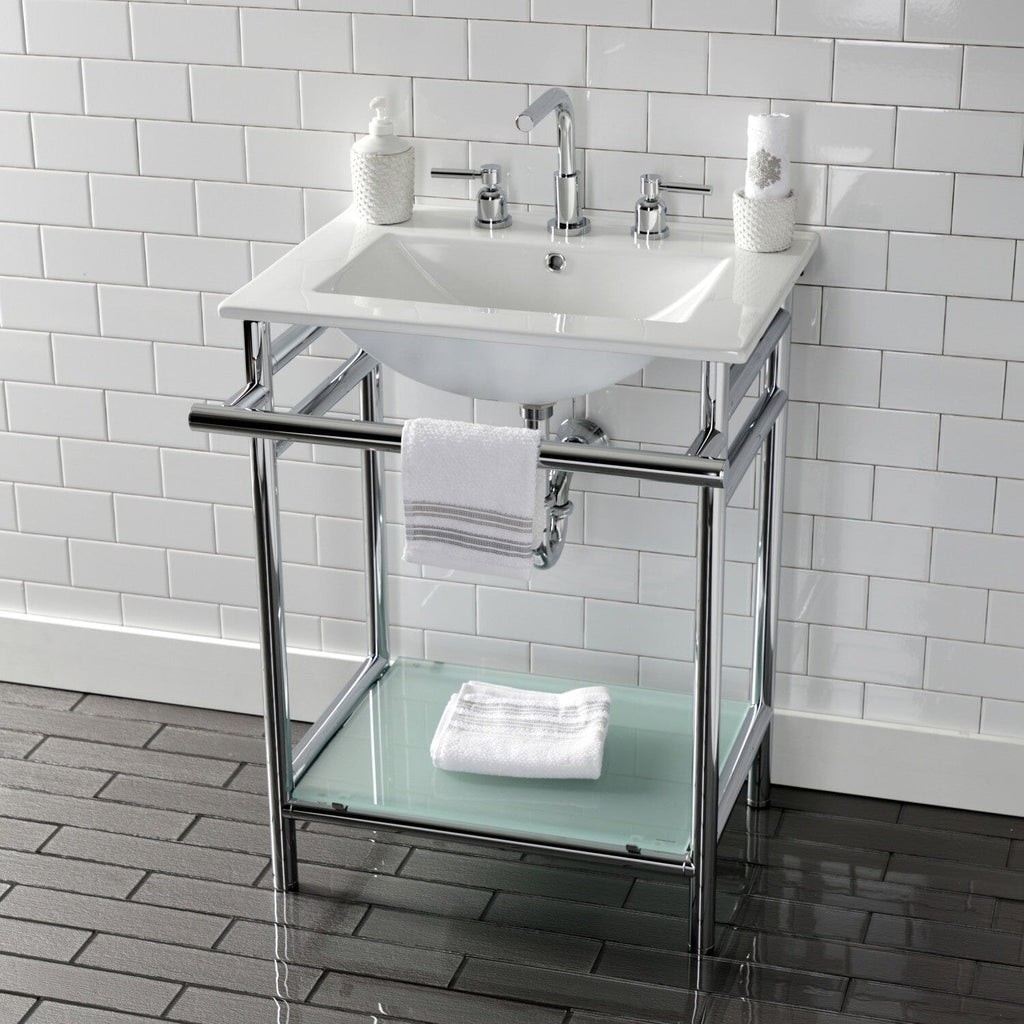 Sheridan 24-Inch Ceramic Console Sink with Stainless Steel Legs and Glass Shelf (8-Inch, 3-Hole)