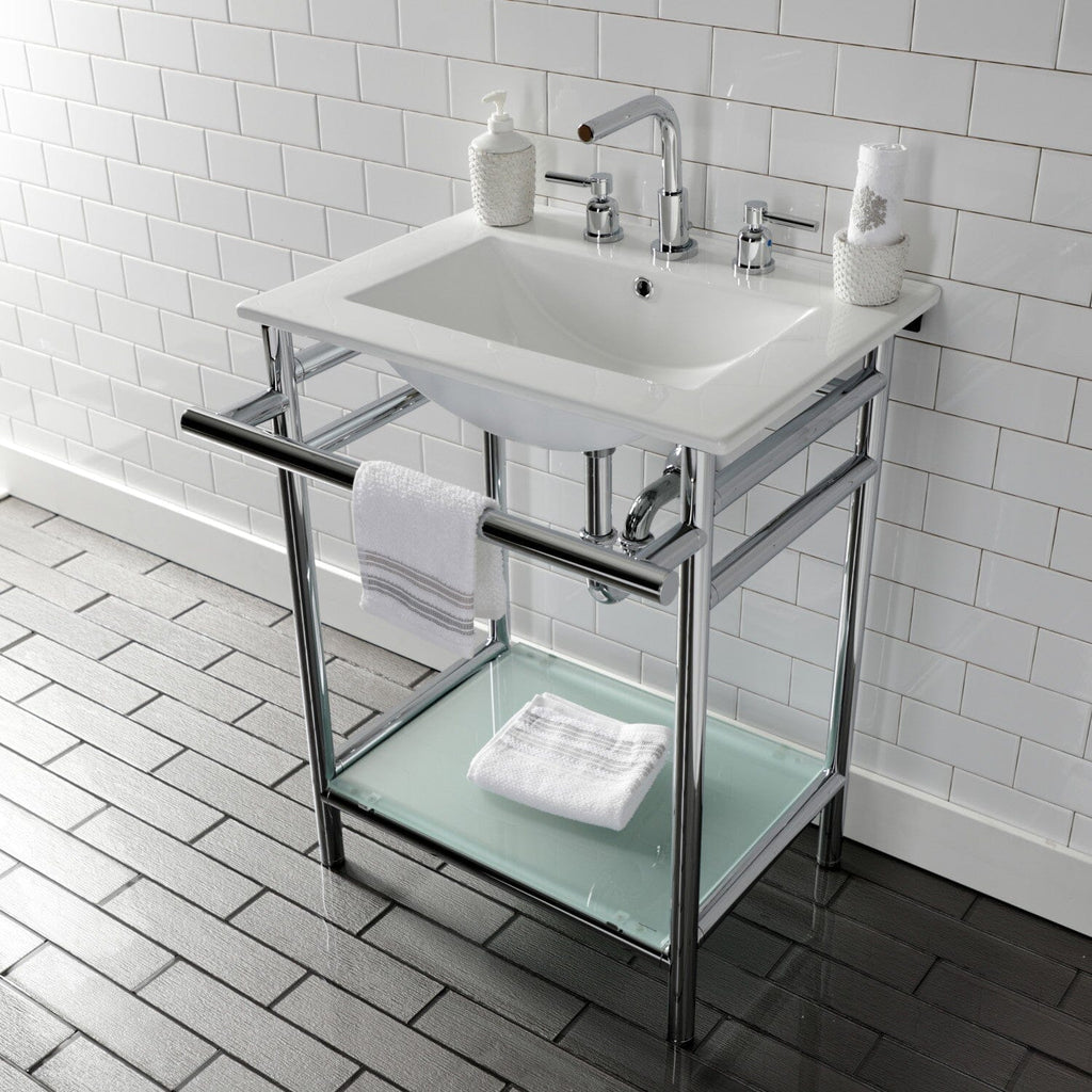 Sheridan 24-Inch Ceramic Console Sink with Stainless Steel Legs and Glass Shelf (8-Inch, 3-Hole)