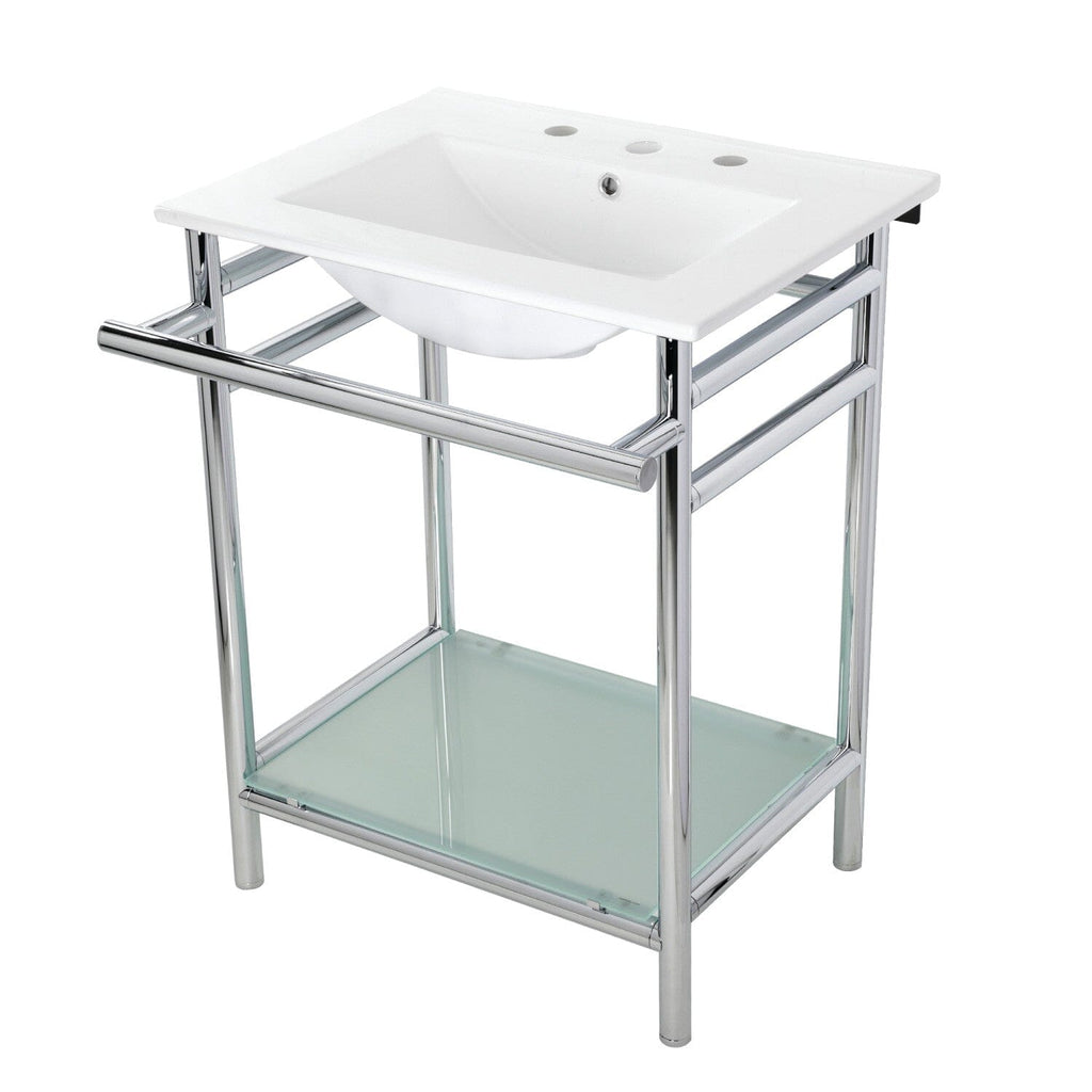 Sheridan 24-Inch Ceramic Console Sink with Stainless Steel Legs and Glass Shelf (8-Inch, 3-Hole)