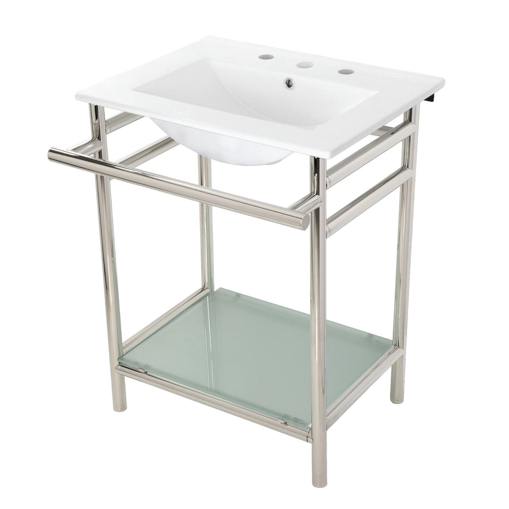 Sheridan 24-Inch Ceramic Console Sink with Stainless Steel Legs and Glass Shelf (8-Inch, 3-Hole)