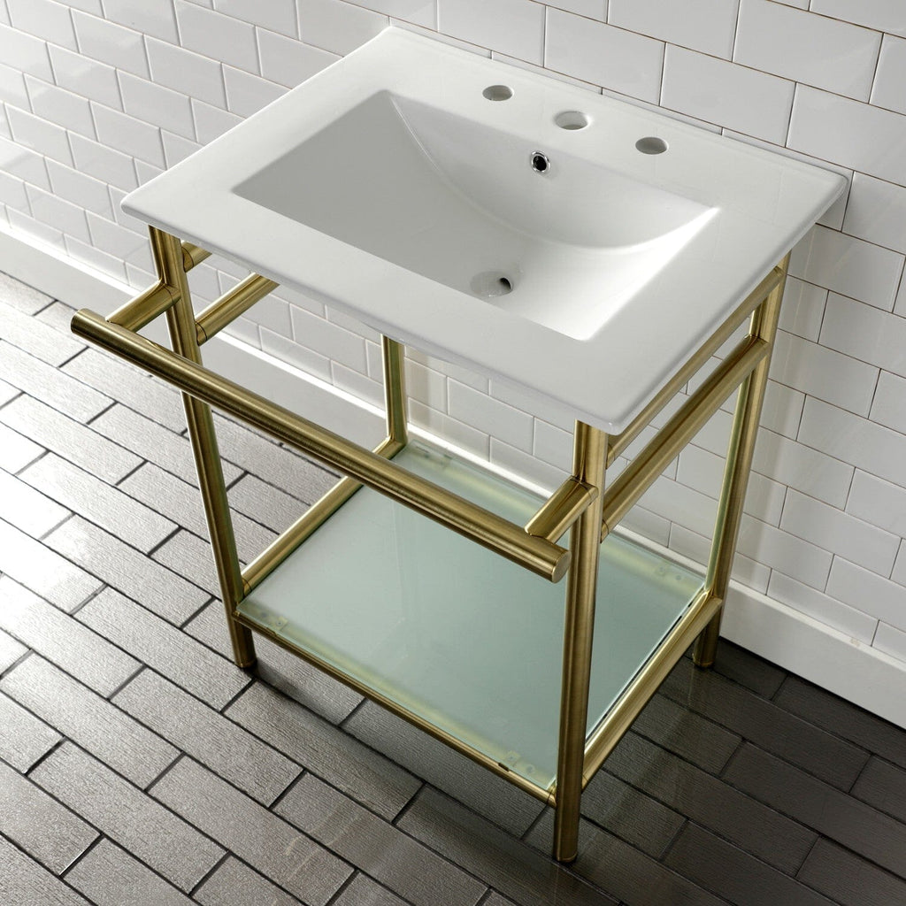 Sheridan 24-Inch Ceramic Console Sink with Stainless Steel Legs and Glass Shelf (8-Inch, 3-Hole)