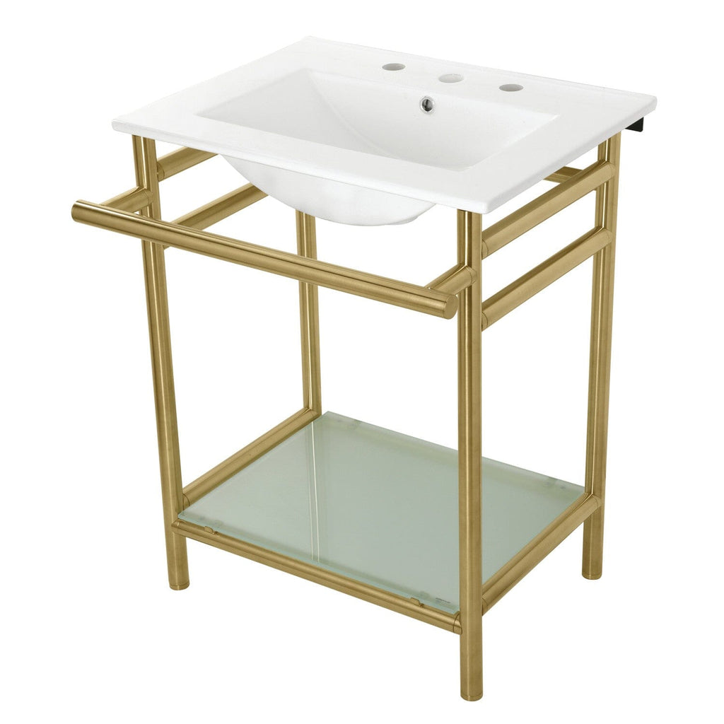Sheridan 24-Inch Ceramic Console Sink with Stainless Steel Legs and Glass Shelf (8-Inch, 3-Hole)