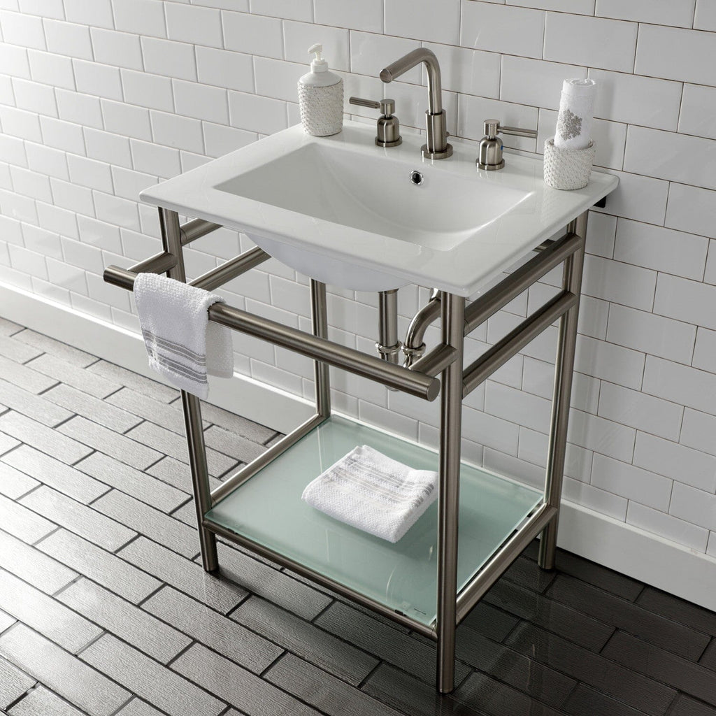 Sheridan 24-Inch Ceramic Console Sink with Stainless Steel Legs and Glass Shelf (8-Inch, 3-Hole)