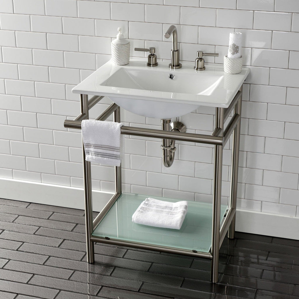 Sheridan 24-Inch Ceramic Console Sink with Stainless Steel Legs and Glass Shelf (8-Inch, 3-Hole)