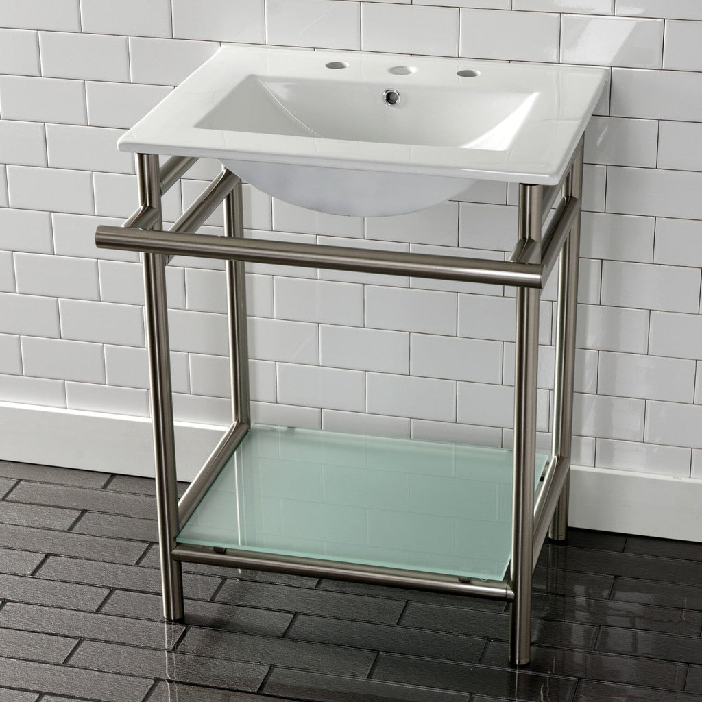 Sheridan 24-Inch Ceramic Console Sink with Stainless Steel Legs and Glass Shelf (8-Inch, 3-Hole)