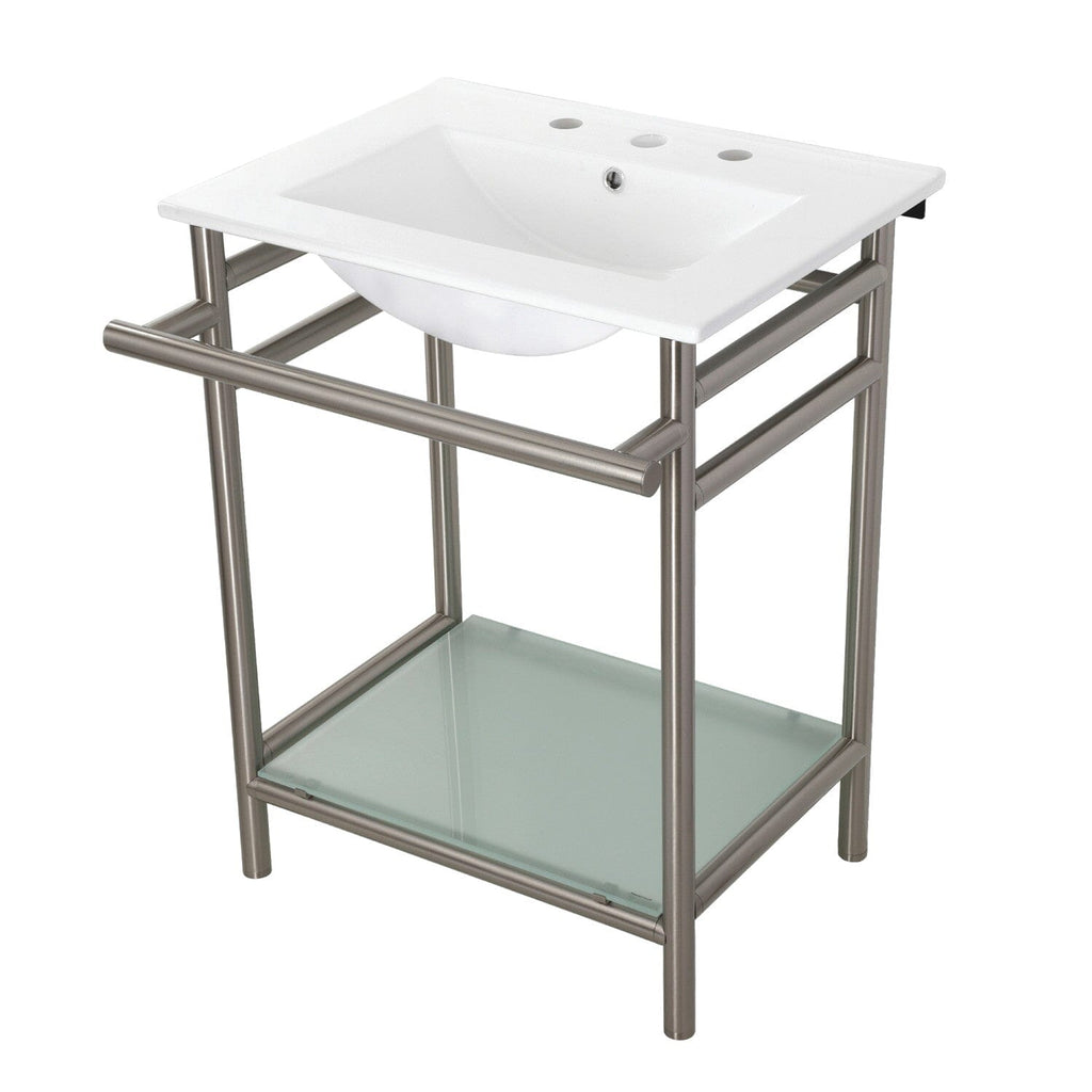 Sheridan 24-Inch Ceramic Console Sink with Stainless Steel Legs and Glass Shelf (8-Inch, 3-Hole)