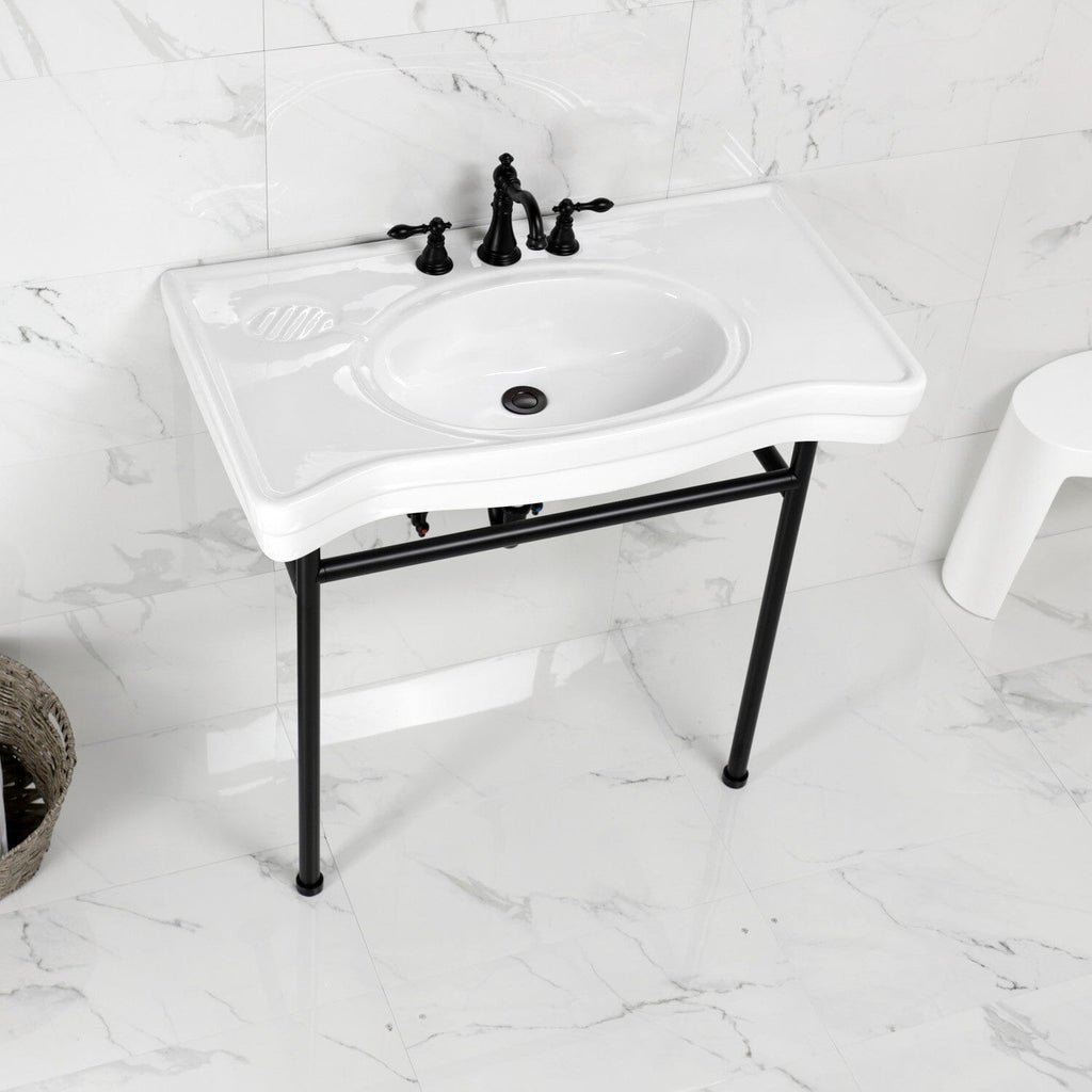 Bristol 36-Inch Ceramic Console Sink with Stainless Steel Legs (8-Inch, 3-Hole)
