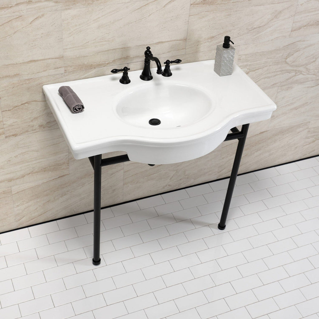 Manchester 37-Inch Ceramic Console Sink with Stainless Steel Legs (8-Inch, 3-Hole)