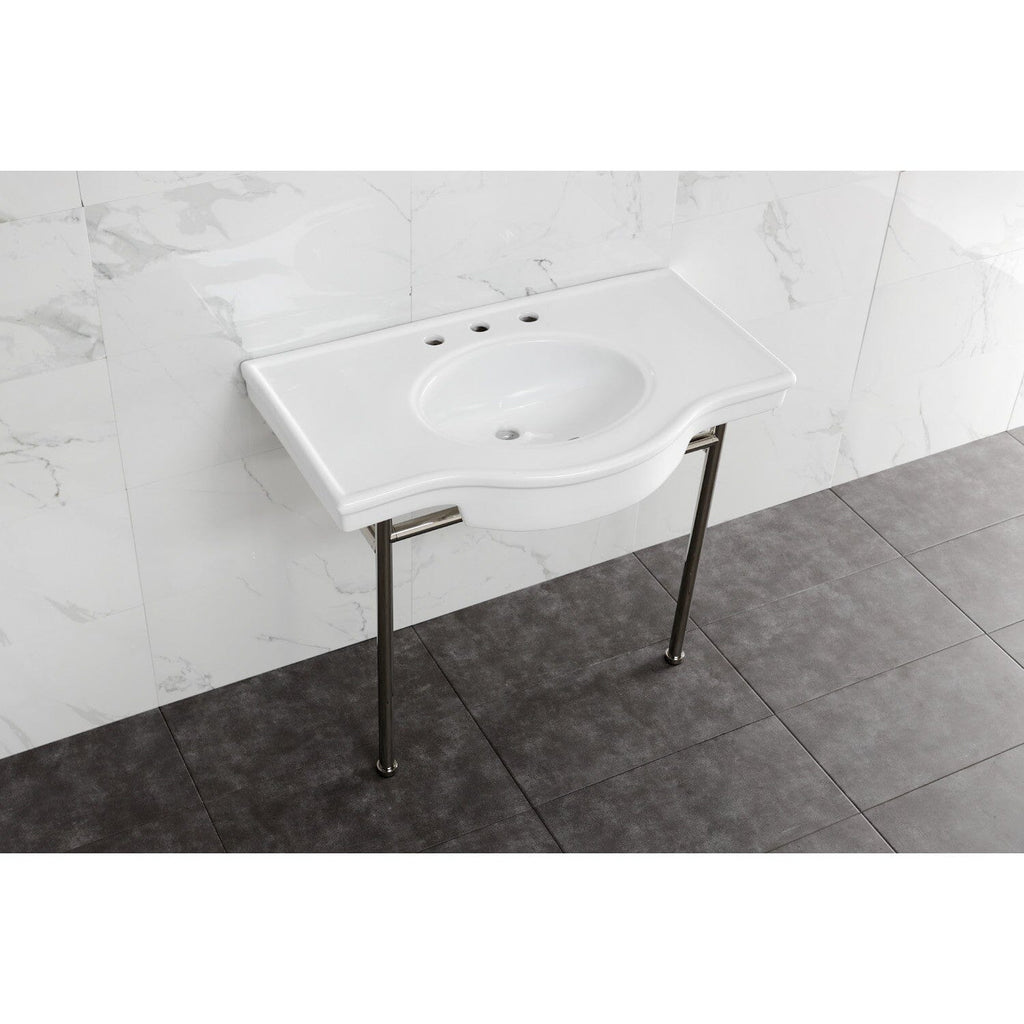 Manchester 37-Inch Ceramic Console Sink with Stainless Steel Legs (8-Inch, 3-Hole)