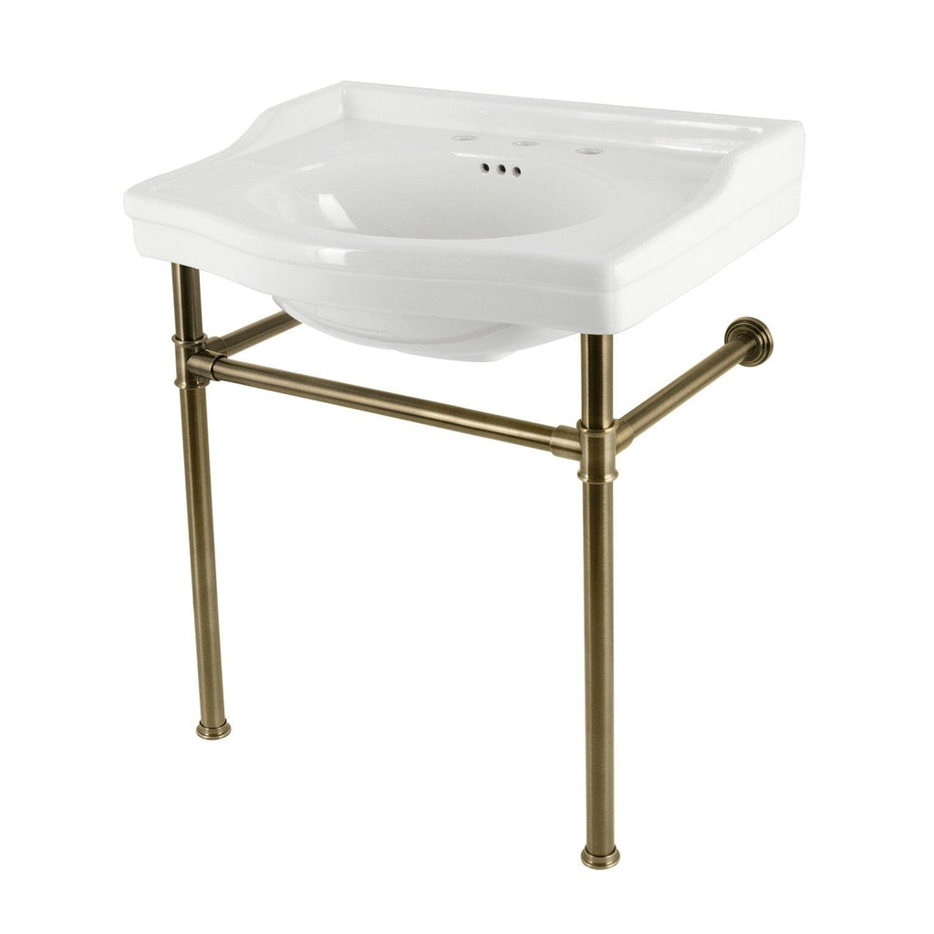 Victorian 30-Inch Ceramic Console Sink with Stainless Steel Legs (8-Inch, 3-Hole)