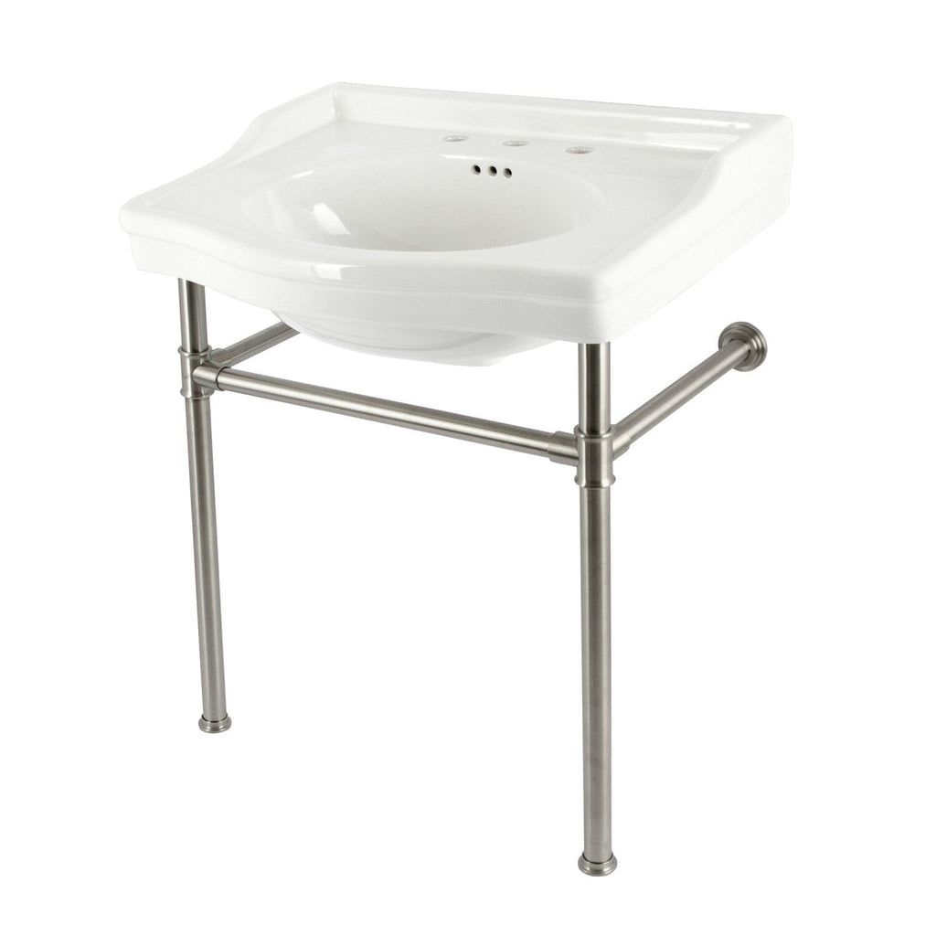 Victorian 30-Inch Ceramic Console Sink with Stainless Steel Legs (8-Inch, 3-Hole)