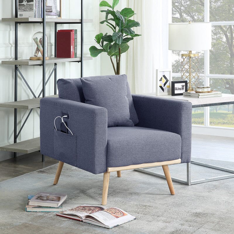 Easton Dark Gray Linen Fabric Chair with USB Charging Ports Pockets & Pillows