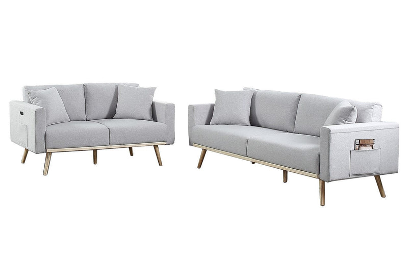 Easton Light Gray Linen Fabric Sofa Loveseat Living Room Set with USB Charging Ports Pockets & Pillows