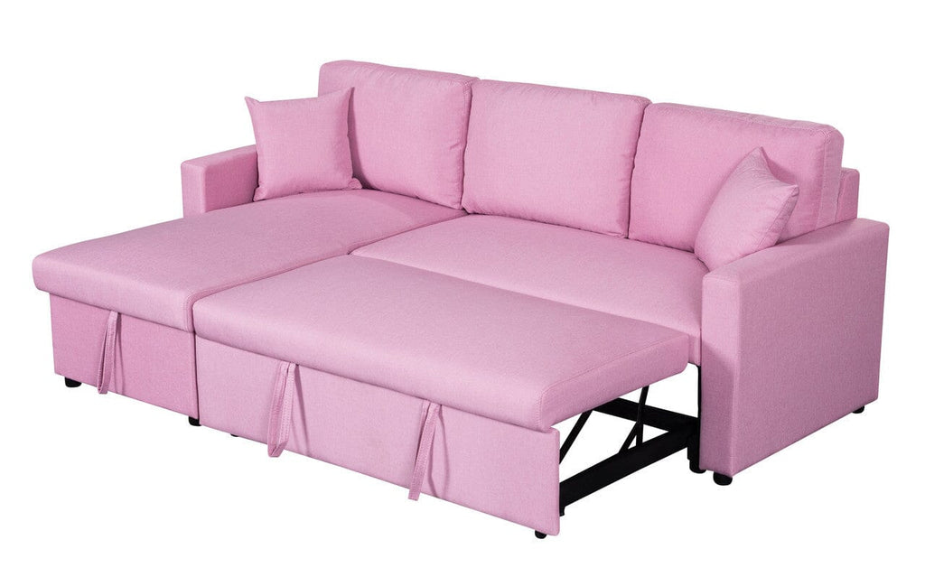 Paisley Pink Linen Fabric Reversible Sleeper Sectional Sofa with Storage Chaise