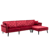 Piper Jujube Red Velvet Sofa Bed with Ottoman and 2 Accent Pillows