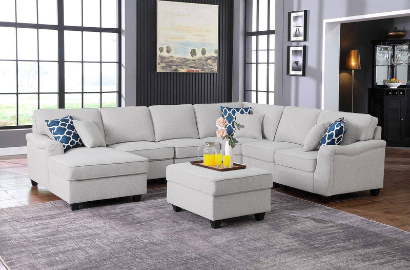 Leo Light Gray Linen 7Pc Modular L-Shape Sectional Sofa Chaise and Ottoman