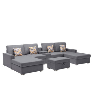 Nolan Gray Linen Fabric 6Pc Double Chaise Sectional Sofa with Interchangeable Legs, Storage Ottoman, Pillows, and a USB, Charging Ports, Cupholders, Storage Console Table